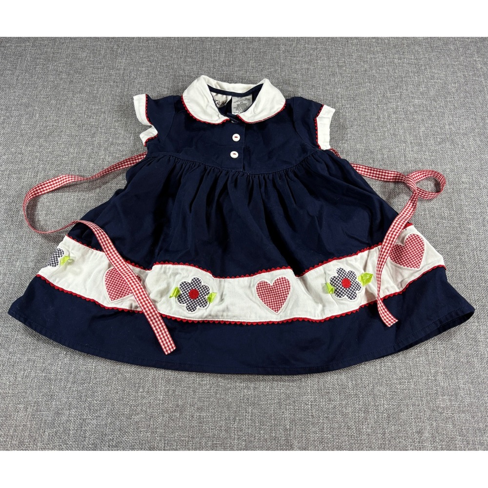 Youngland Girls 2T Navy‎ Blue Gingham Heart Flower Applique Cottagecore Dress